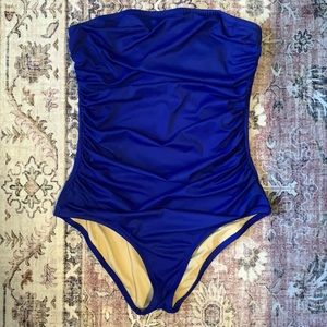 Ruched royal blue strapless swimsuit